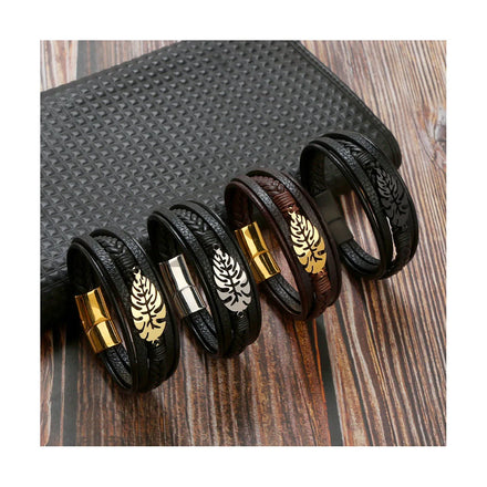 Wholesale Fashion Bracelet for Men High Quality Stainless Steel Leather Cuff Bracelet With Magnetic Clasp Leather Wristband
