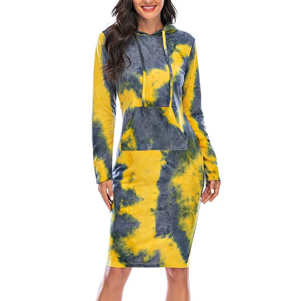Autumn Korean Fashion Tie Dye Hooded Dresses for Women Pullovers Long Sleeve Hoodie Casual Sweatshirts Dress