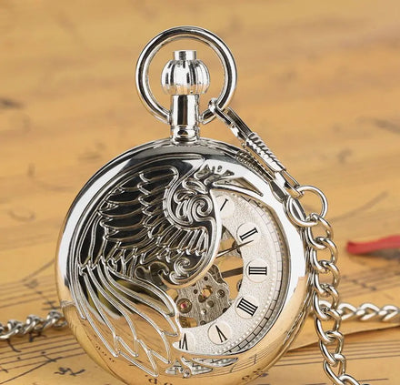Hollow Manual Phoenix Watches Key Chain Retro Feather Roman Mechanical Pocket Watch