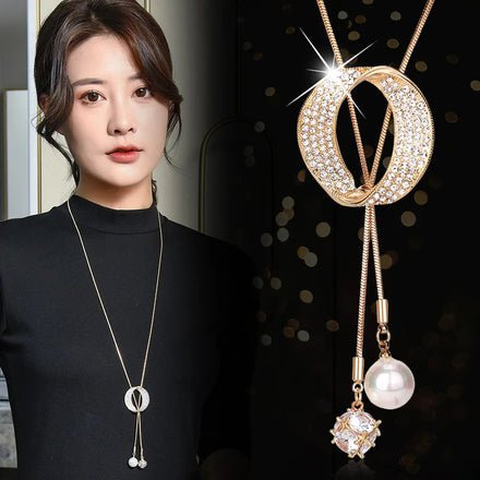 Trendy Hip Hop Jewelry Oval Pearl Zircon Pendant Sweater Chain Women's Fashion Simple Long Necklace Accessories