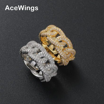 R057 11mm Hip Hop Gold Plated Brass Ring with Inlay Cubic Zircon Jewelry for Unisex Fashionable Wear