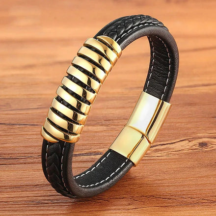 Trendy Design Black Braided Genuine Leather Stainless Steel Magnet Clasp Casual/Sporty Men's Bangles Gift Jewelry