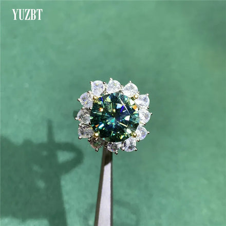 Silver 925 Original 5 Carat 11mm Round Brilliant Cut Diamond Test Past Blue Green Moissanite Snowflake Wedding Ring Fine Jewelry