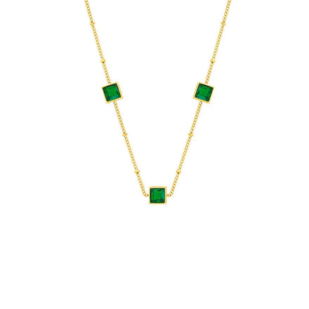 18k Stainless Steel Clavicle Chain Simple Temperament square Green Crystal Zircon Necklace
