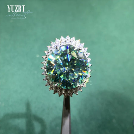 Silver 925 Original 15 Carat Brilliant Cut Genuine Diamond Test Past Blue Green Moissanite Wedding Ring for Women Fine Jewelry