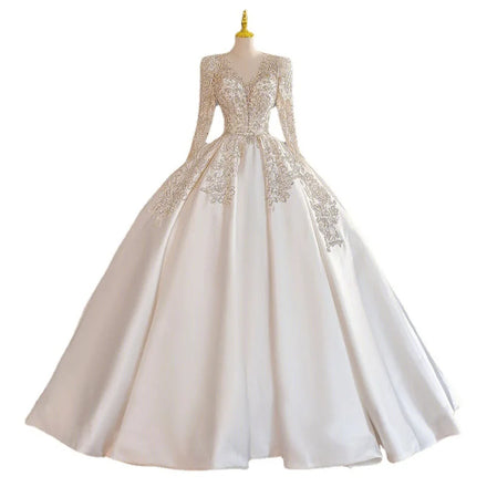 Elegant Ball Bridal Gowns Lace V Neck Long Sleeves Women Wedding Dresses