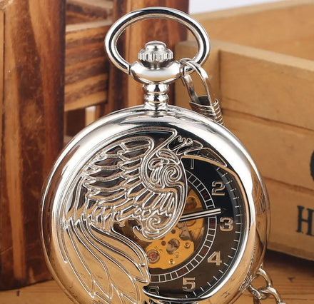Phoenix Steampunk Pendant Self Winding KeyChainChain Clock Automatic Mechanical Skeleton Pocket Watch