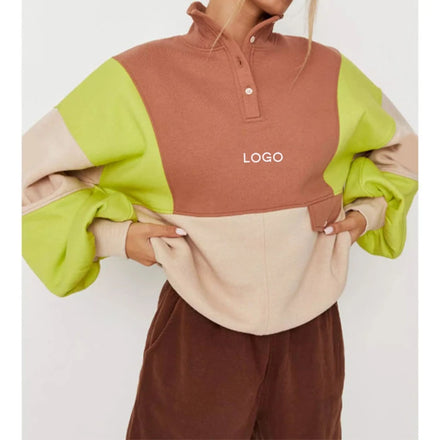 K210480 Custom Winter Fall Streetwear Color Block Hoodie Custom Fleece Pullover 1/4 Zip up Sweatshirt Women Turtleneck Hoodies