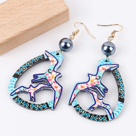 Boho Style Art Bird Abstract Symmetrical Colored Print Ethnic Pearl Pendant Earrings