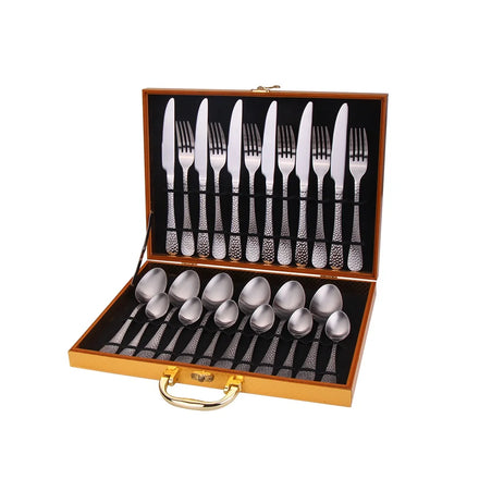 24pcs Set Hammer Point Utensil Fork Knife Spoon Black Gold Flatware Stainless Steel Cutlery With Box for Gift Wedding