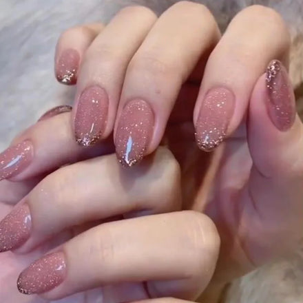 Wholesale Artificial Finger French Pink Shell Glitter Powder Nails Acrylic Fake Nails Short French Soft Almond Press on Nails