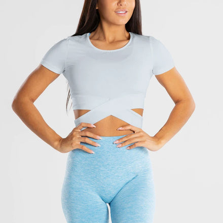 Wholesale Custom Women Quick Dry Gym Tie Lace T-shirt Workout Fitness Tee Cut Out Drawstring Crossover Hem Crop Top