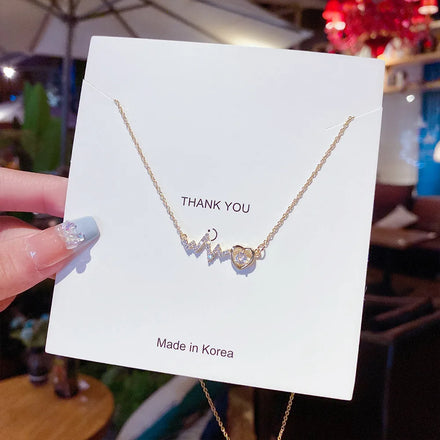 DAIHEFashion Jewelry Titanium Steel EKG Heart Necklace Ladies Rhinestone Zircon Gold Clavicle Chain