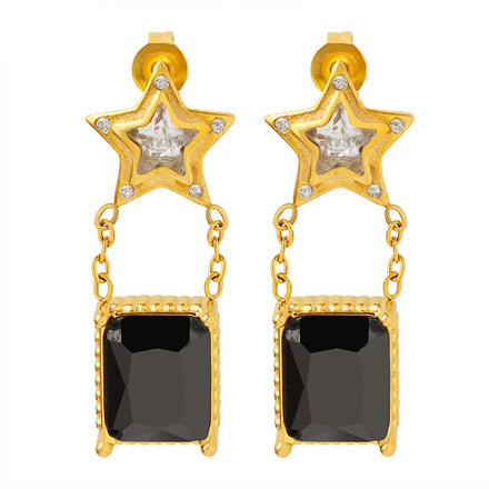 Stylish Gold Plated Fashion Jewelry Black Crystal Zircon & Stainless Steel Earrings with Pentagonal Star Shaped Trendy CZ Stones