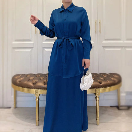 Co Ord 2 Piece Satin Silk Suit Muslim Islamic Clothing Button up Long T-shirt Match Pockets Skirt Borong Abaya Baju Kurung