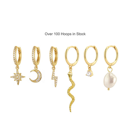 925 Sterling Silver Women's Fashion Earrings Cute Minimalist Gold-Plated Moon Star Hoop Huggies Trendy Jewelry with Zircon Stone