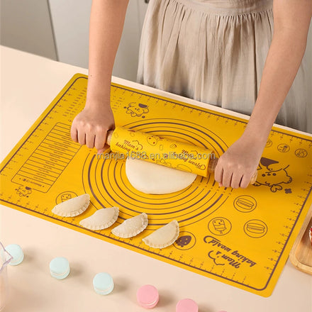MANJIA Cute Yellow Bear Carton Rolling Pin and Pastry Baking Mat Set White Silicone Mat Pastry and Bakery Kitchen Rolling Pin
