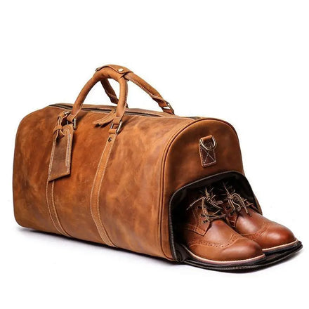 Vintage Large Men's Genuine Leather Crazy Horse Travel Duffle Bag with Zipper Closure