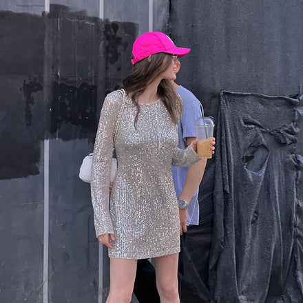 Fashion Y2k Birthday Clothes Brillos Beige Round Neck Long Sleeve Elegant Dresses Casual Party Sequin Dress for Women