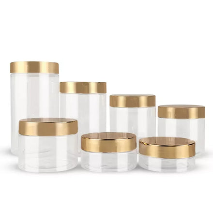 4oz 8oz 16oz Empty Cream Cosmetics Containers Luxury Clear Gift Jars Round PET Cream Jars with Gold Lids
