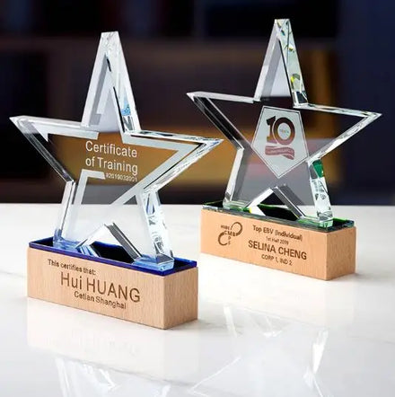 New Wooden Creative Company Annual Meeting Souvenir Blank Crystal Star Wood Trophy Plaque Manufacture Wholesale CheapTrophy