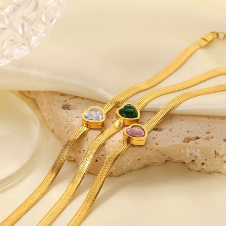 New Tarnish Free 18k Gold Plated Snake Chain Cubic Zircon Heart Stainless Steel Bracelet for Women
