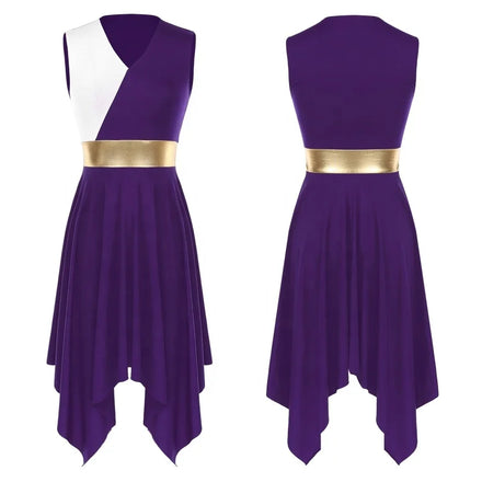 Luxury Womens V Neck Sleeveless Irregular Hem Dresses Color Block Patchwork Dance Dress for Prom Party Dance Show