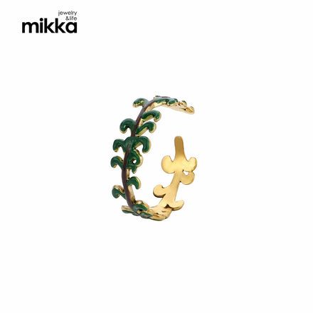 Fashion 18K Gold Plated Enamel Ring Jewelry Tarnish Free Flower Feather Heart Leaf Stainless Steel Open Cuff Ring for Women