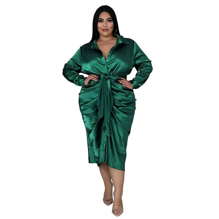 Autumn Ruched Long Sleeve Lace up Evening DressPlus Size Women's Elegant Satin Casual Party Dresses for Woman