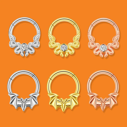 16G 316L Surgical Steel Gothic Snake & Bat CZ Septum Clicker Ring Hypoallergenic Nose Piercing Jewelry