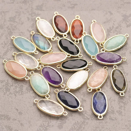 Wholesale Oval Natural Gemstone Bead Connector Bracelet Beads Connector Gold Plated Crystal Charm Bead for Jewelry Making