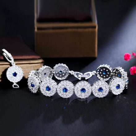Micro Paved Blue CZ Bling Jewelry Silver Plated Bridal Round Tennis Bangle Bracelets for Women Accessories with Free Extension