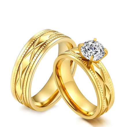 2PCS 18k Gold Plated Titanium Steel Engagement Couple Rings Jewelry CZ Zirconia Stainless Steel Wedding Ring Set with Stone