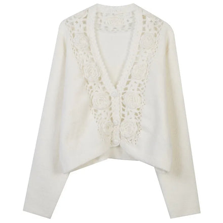 V Nekc Hollow Crochet Floral Hand Knitted Sweater Cardigan Women Knitwear