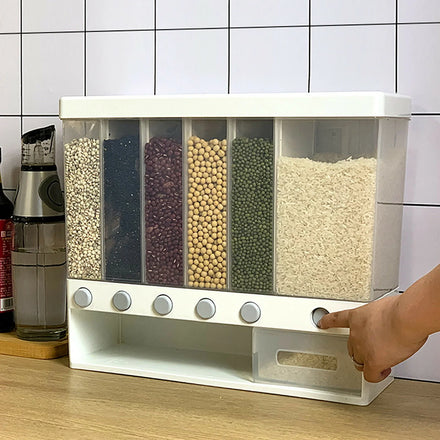 6 Grid Wall-Mounted Dry Food Rice Bucket Grains Storage Container Cereal Dispenser with Cup for Kitchen