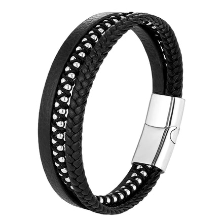Trendy Fashion Genuine Leather Bracelet Retro Stainless Steel Bibcock Woven Braided Rope Magnetic Clasp Bracelet for Men