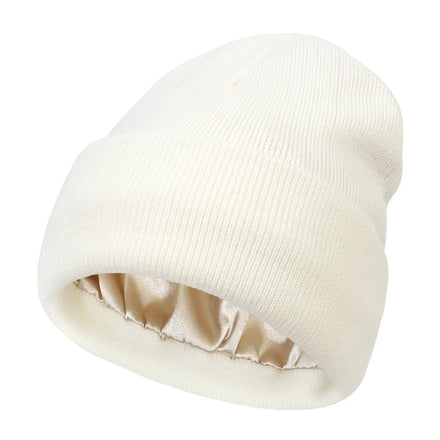 MIO Satin Lined Knit Beanie Custom Logo Black Soft Acrylic Silk Lined Cuff Beanie Cheap Personalized Unisex Knitted Hat