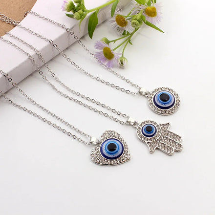 Fashion Turkish Evil Blue Eyes Silver Palm Heart Round Pendant Necklace Jewelry for Women Girl Men Boy