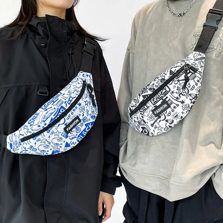 Rubber Label Alphabet Doodle Shoulder Strap Hanging Buckle Back Anti-theft Zipper Pocket Nylon Fanny Pack Bump Waist Bag