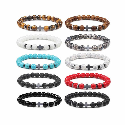Turquoise Tiger Eye Lava Stone Bracelet Stretch Beaded 8mm Healing Hematite Natural Volcano Stone Cross Bead Bracelet for Men