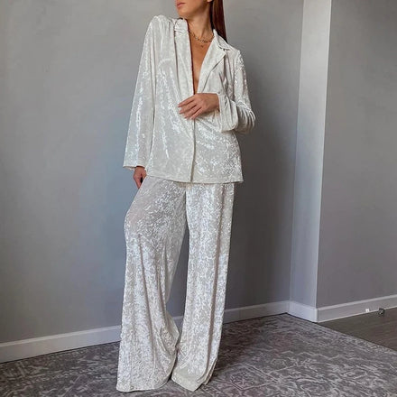 Autumn Custom Lounge Wear Sets Women Two Piece Casual Loose Blouse Top And Palazzo Pants Women's Velvet Pajamas