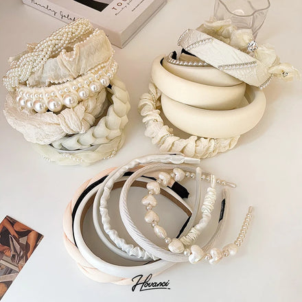 HOVANCI Hair Accessories in Bulk Mixed Wholesale Diamond Encrusted Pearl Gauze Sponge Beige Bridal Hair Accessories Headband