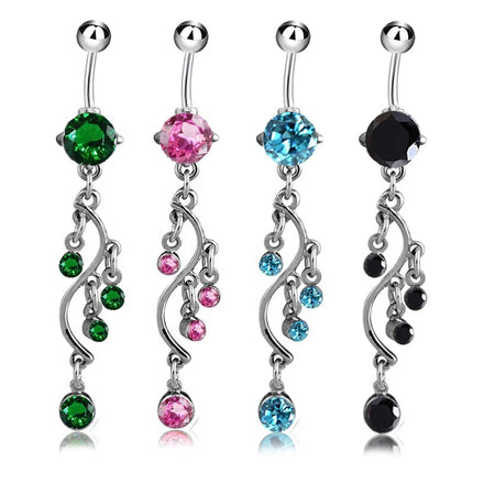Stainless Steel S Shape Tree Branch Navel Ring Crystal Dangle Vine Belly Women Fashion Piercing Jewelry