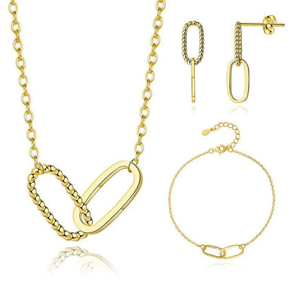 925 Sterling Silver Twine Double Rectangle Interlocking Necklace/Bracelet/Earrings Set for Women Wholesale