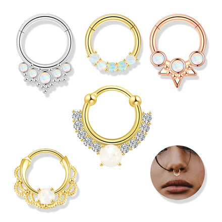 16G 316L Surgical Steel Multi-Style Opal & CZ Septum Clicker Ring Hypoallergenic Nose Piercing Jewelry
