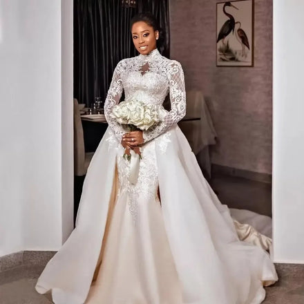 Graceful 2026 High Neck Plus Size Two in One Gown Tulle Vestido De Novia Lace Long Sleeves Mermaid Bridal Wedding Dress MW88