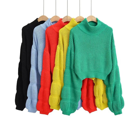 Spring New in Stock Free Size High Neck Solic Color Long Sleeve Sweater Tops for Women