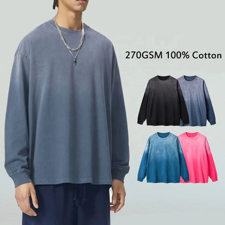 Rainbow Spray Low Moq Fast Customization Retro Long Sleeve Men's T-Shirts Loose Drop Shoulder Sun Faded 270Gsm Tee for Men