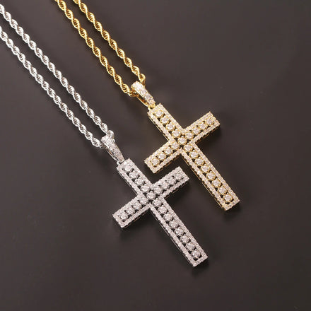 European and American Retro Style Three Leaf Cross Pendant Full of Zircon Hip-hop Necklace