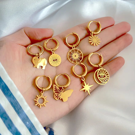 No Fade Gold Plated Animal Elephant Butterfly Huggie Earrings Stainless Steel Sun Star Evil Eyes Earrings